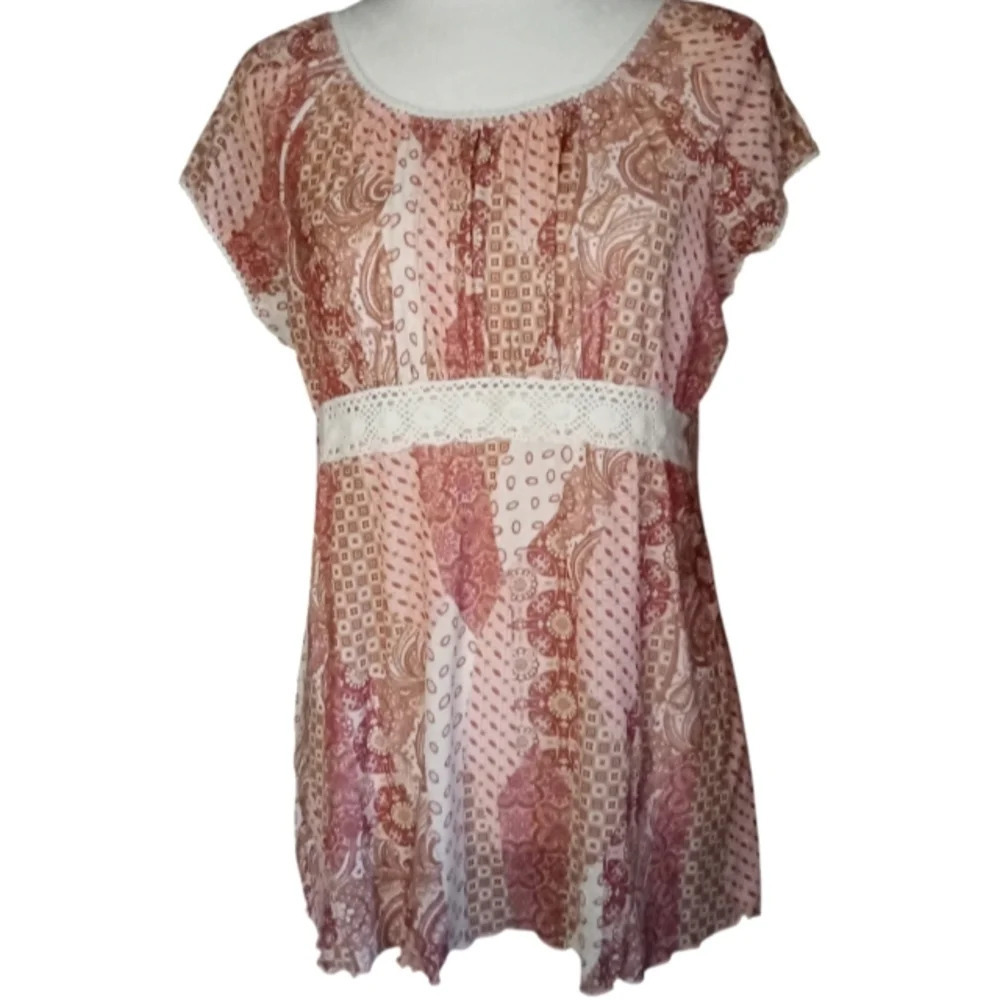 Vintage Younique Patchwork Paisley Crochet Detail Baby Doll Y2K Blouse Large